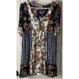 Jodufl Patchwork Floral Print Babydoll Boho Tie Closure Lined Flowy Dress S